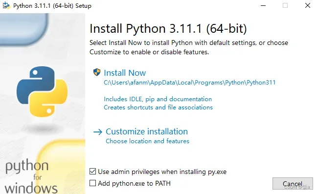 勾选Add python.exe to PATH