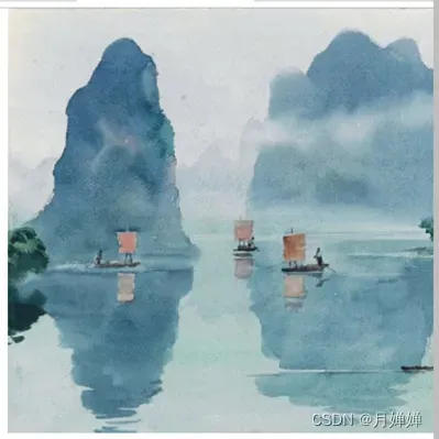 a painting of a boat in a body of water with mountains in the background and fog in the sky